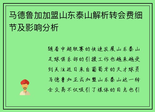马德鲁加加盟山东泰山解析转会费细节及影响分析